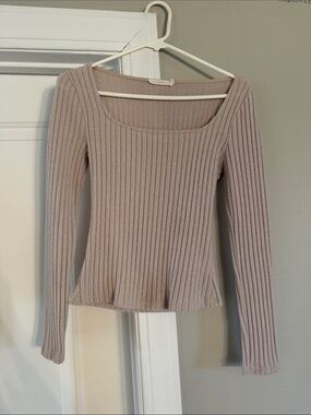 Women’s Ribbed Square-Neck Long Sleeve Cream Top